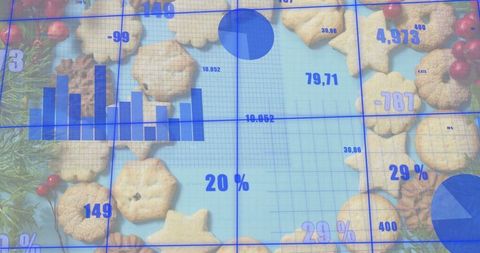 Holiday Cookies and Evergreen Sprigs with Blue Data Overlay Showing Analytics