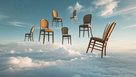 Surreal Floating Chairs above Cloudscape in Dreamlike Scene