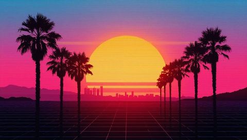 Retro neon sunset over grid cityscape with palm silhouettes, synthwave vaporwave aesthetic