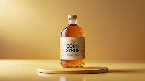 Transparent glass bottle of corn syrup on yellow podium