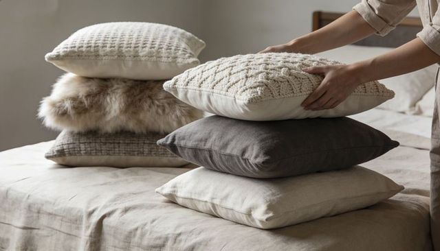 Hands arranging knit cream cushion on neutral pillow stack cozy minimalist bedroom