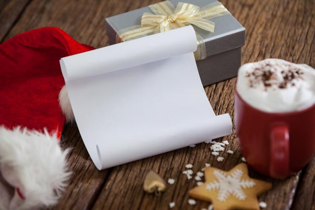 Blank Paper with Gift Box and Christmas Decorations on Wooden Table - Download Free Stock Photos Pikwizard.com