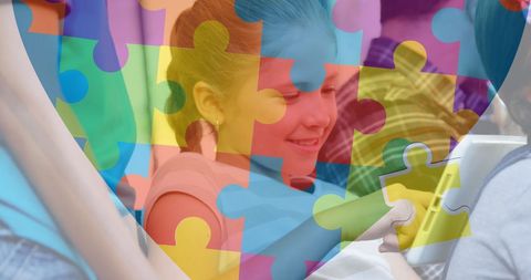 Diverse children engaged in tablet activities with puzzle pieces overlay