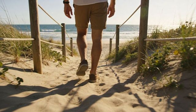 Man walking down sandy dune path toward sunlit ocean in khaki shorts and casual shoes