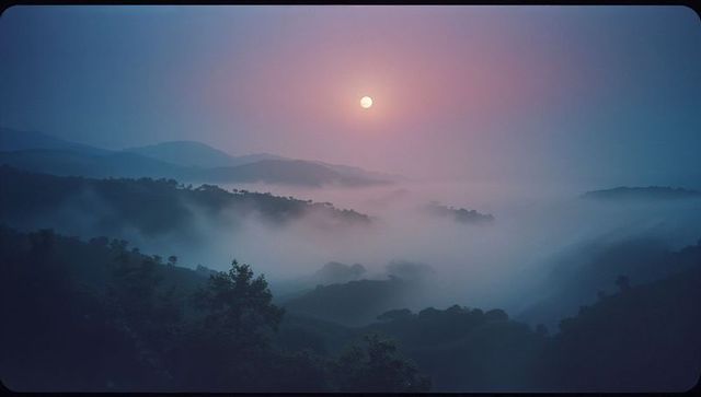 Moonlit misty valley with rolling hills in serene landscape