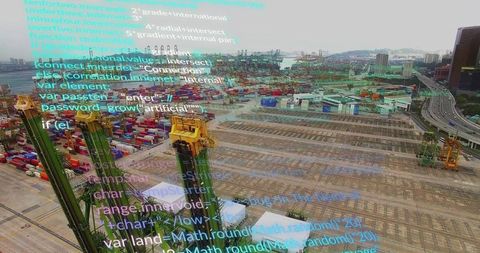 Gantry cranes and container terminal with code overlay representing smart port data