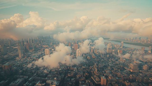 Stunning city skyline with towering clouds and serene river scene