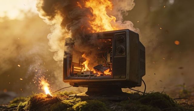 Vintage crt television burning on mossy forest floor with exposed circuit boards