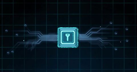 Neon Key Chip Connecting Network Lines, Cybersecurity Encryption Token Matrix Futuristic