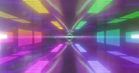 Iridescent neon tunnel with glowing central ring and futuristic light panels