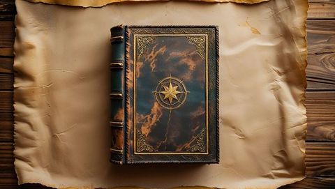 Vintage leather-bound book with gold compass rose on parchment