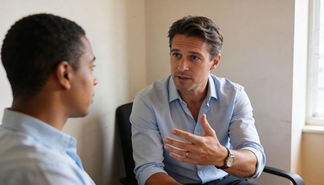 One-on-one coaching session with manager explaining and gesturing in sunlit office