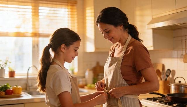 Sunlit morning mother tying daughter apron in cozy home kitchen