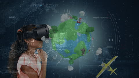 Girl Using VR Headset Exploring Digital Global Interface