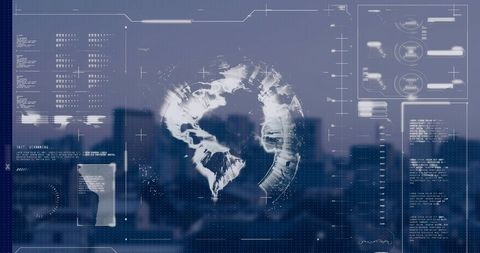 Futuristic digital interface overlaying urban skyline