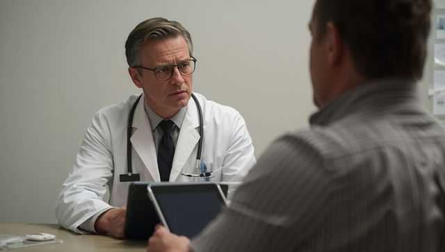 Physician consulting patient at clinic desk with tablet and stethoscope during serious exam