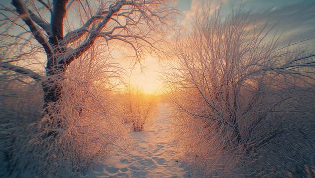 Serene Winter Sunrise Over Snow-Covered Woodland Trail