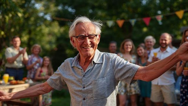 Smiling senior man celebrating at backyard family party with raised arms and bunting