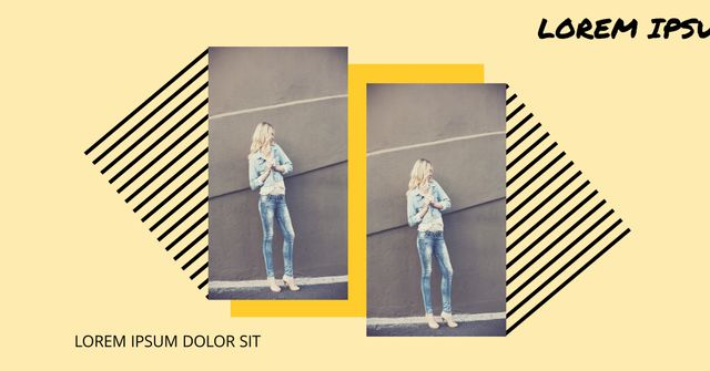 This stylish template showcases a fashionable woman in a denim jacket, perfect for promoting brands on social media platforms. The clean design with bold stripes and muted colors makes it ideal for online advertisements, marketing campaigns, and brand identity presentations. Enhance your digital marketing efforts by incorporating this contemporary and chic design into your promotional materials.