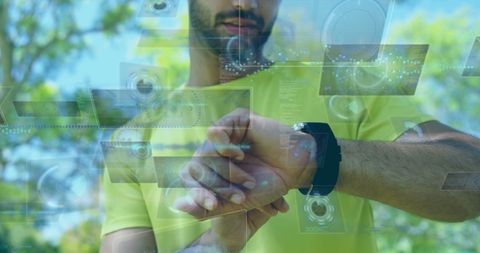 Athlete interacts with futuristic digital interface on smartwatch