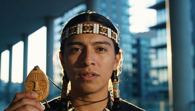 Indigenous man holding carved wooden pendant wearing beaded headband backlit urban portrait