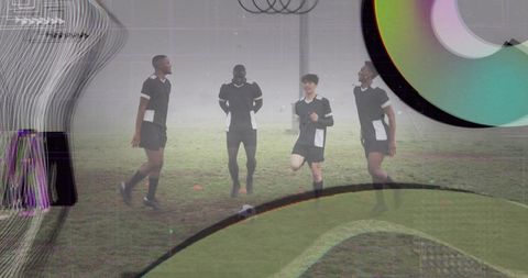 Diverse soccer team training on foggy field with juggling drills and glitch graphic overlay