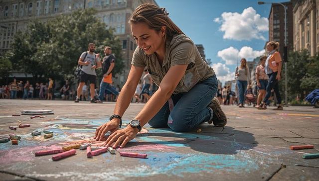 Kneeling woman creating vibrant chalk street art on urban plaza with pastel chalks