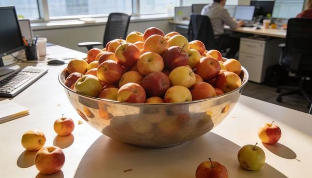 Large steel bowl holding red and yellow apples on sunlit open office desk