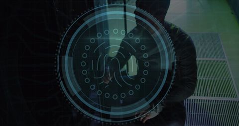 this visual shows an african american engineer working in a server room with an overlay of a biometric fingerprint scanner. highlighting cyber security and data protection practices, it is ideal for tech-related uses, promotional materials about cybersecurity services, and articles on advanced technology in data centers.