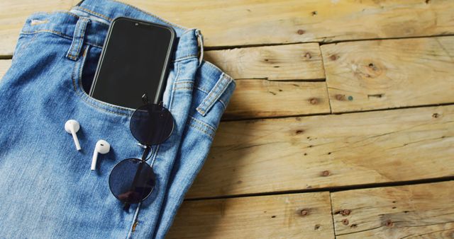 Close up of jeans with smartphone, earphones and sunglasses on wooden background with copy space. Denim day, material, style and design concept.