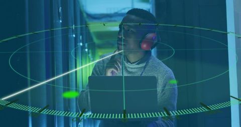 IT Technician Analyzing Server Data with Augmented Reality Overlay