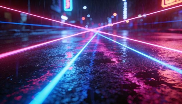 Low-angle wet urban street reflecting cyan and magenta neon beams, cyberpunk night perspective