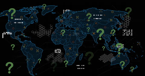 Digital World Map with Question Marks Indicating Global Issues