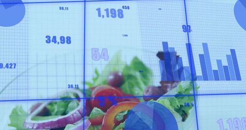 Foodtech data visualization overlaying fresh salad with blue analytics and charts
