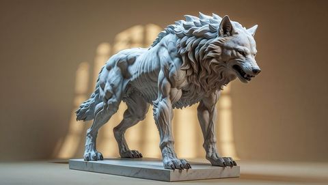 Marble werewolf sculpture illuminated by window pattern in art studio