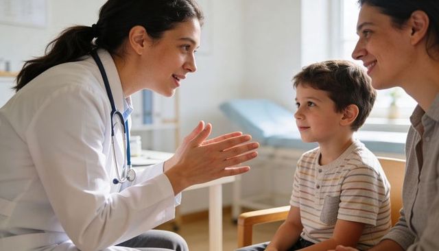 Female pediatrician reassuring young boy during friendly clinic visit with mother present