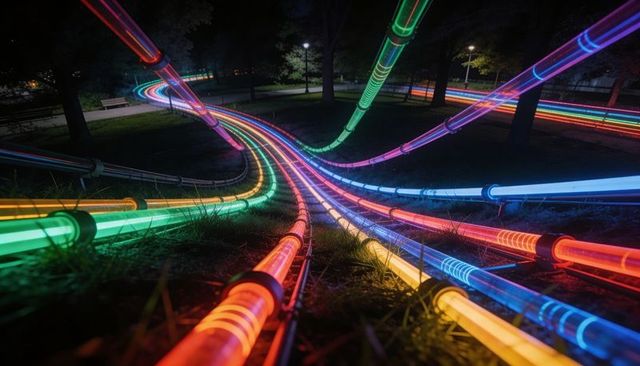 Glowing neon rope lights snaking through park at night, multicolor led tubing installation