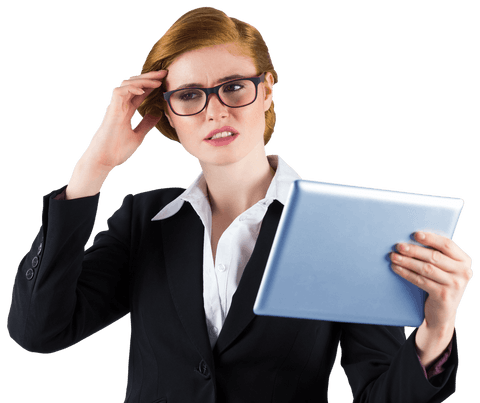 Focused redhead businesswoman analyzing digital tablet transparent background