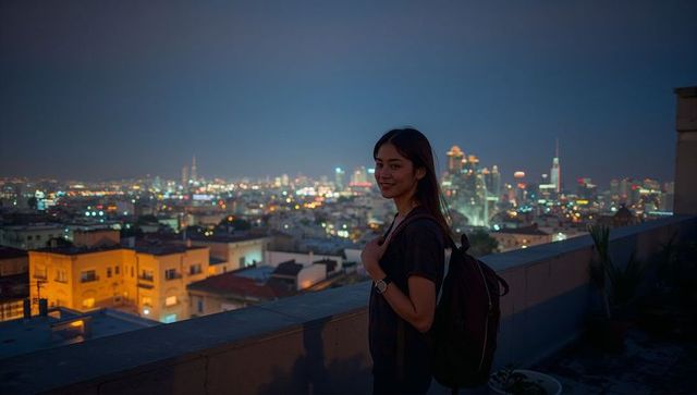 Young woman standing on rooftop at night wearing backpack overlooking city skyline