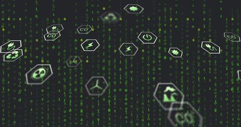 Floating Hexagonal Eco Icons on Digital Binary Background