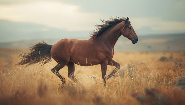 Majestic Chestnut Horse Galloping Through Serene Steppe