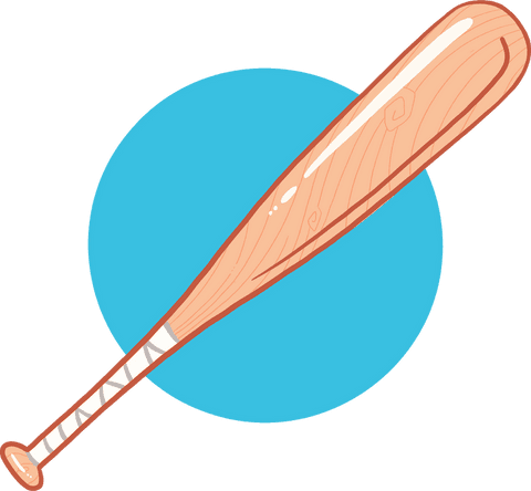 Transparent cartoon wooden baseball bat on blue circular accent