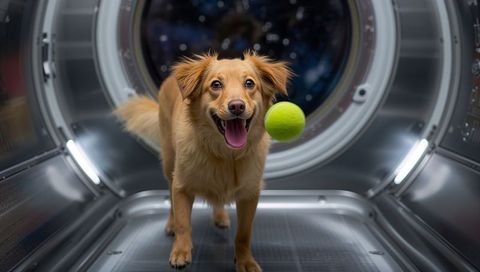 Playful golden dog chasing tennis ball inside stainless washer drum close-up