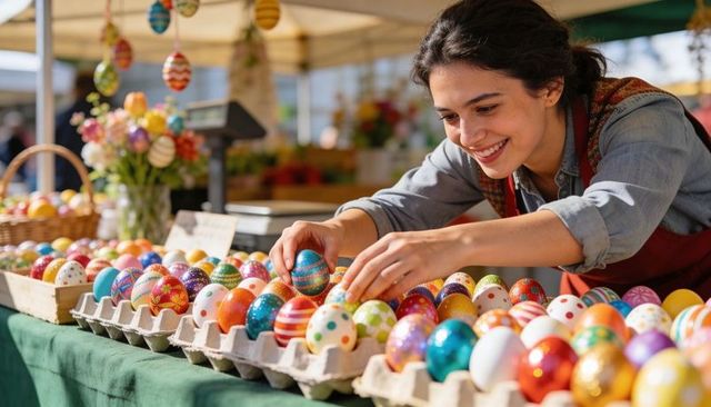 Smiling vendor arranging colorful hand-painted Easter eggs at sunlit outdoor market stall