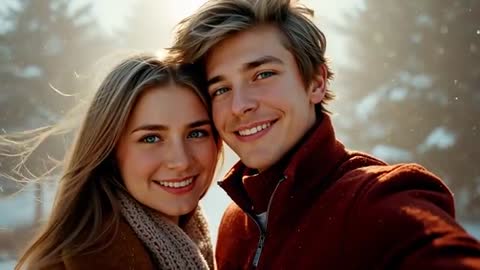 Smiling Couple Capturing Winter Selfie in Snowy Forest