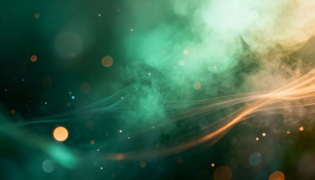 Swirling teal-green mist and amber ribbons forming nebula-like cosmic bokeh background