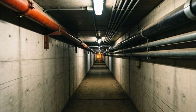 Industrial underground tunnel with pipes, fluorescent lights and strong vanishing point