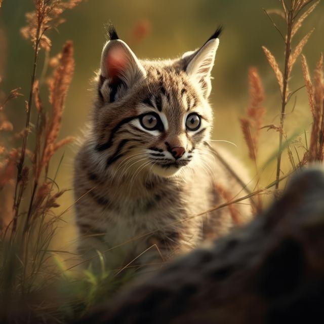 Close up of bobcat kitten standing in field, created using generative ai technology. Nature, animal and wildlife concept digitally generated image.