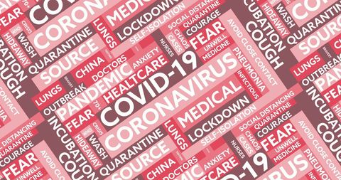 Collage of covid-19 related terms highlight pandemic concepts