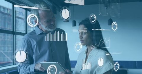 Coworkers Collaborating with Futuristic Data Visualizations